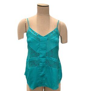 Margo & Sebastian Cami Top M Floral Lace Inserts Studs Teal Blue-Green 85J